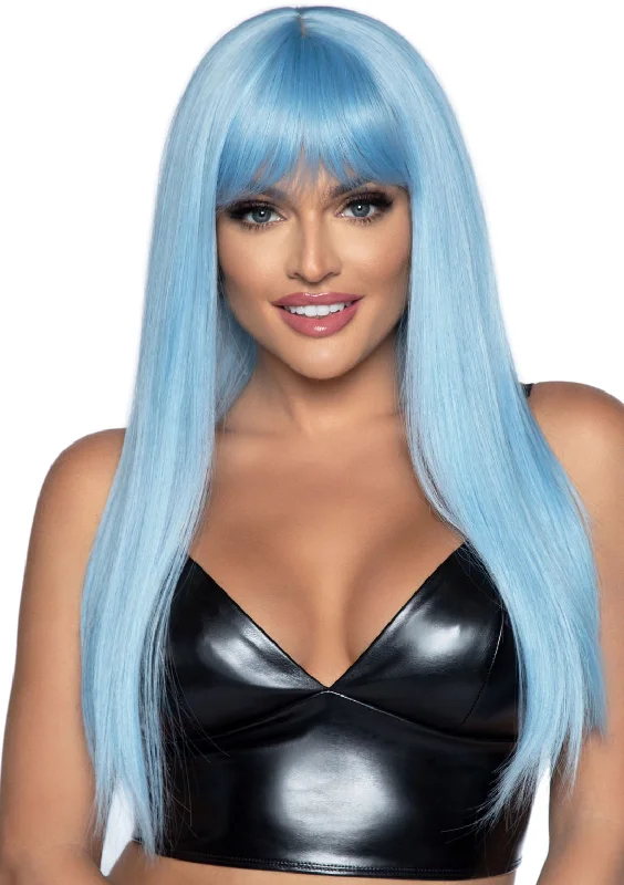 Short red wig with vivid curls-24 Inch Long Straight Bang Wig Blue