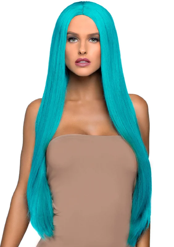 Long black wig with vivid curls-33 Inch Long Straight Center Part Wig - Turquoise