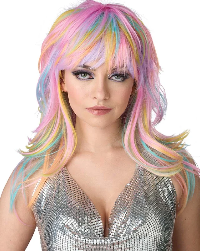 Short black wig with plush texture-80s Tempting Tresses Long Pastel Rainbow Wig