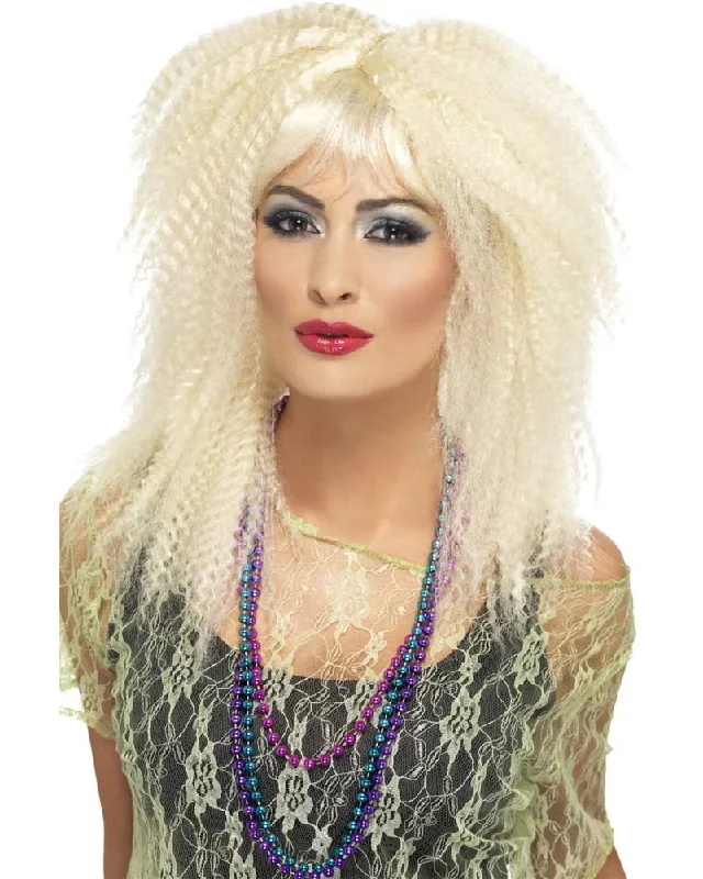 Long black wig with plush curls-80s Trademark Crimp Blonde Wig