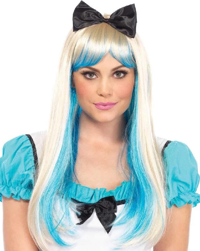 Wig for bold shine-Alice Two Toned Blonde Blue Wig with Black Bow