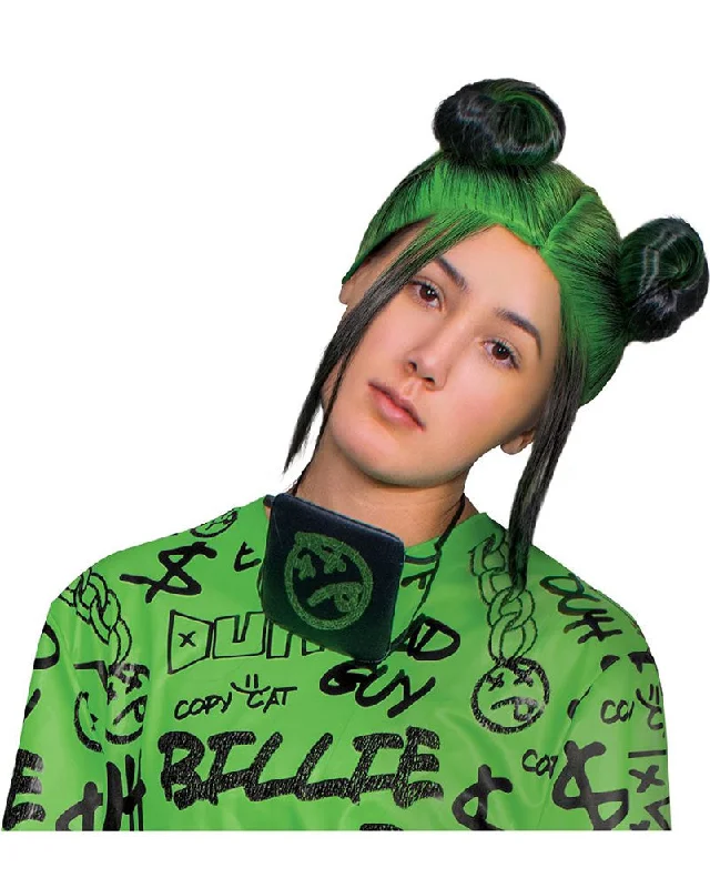 Wig for luxe vibe-Billie Eilish Double Green Bun Adult Wig