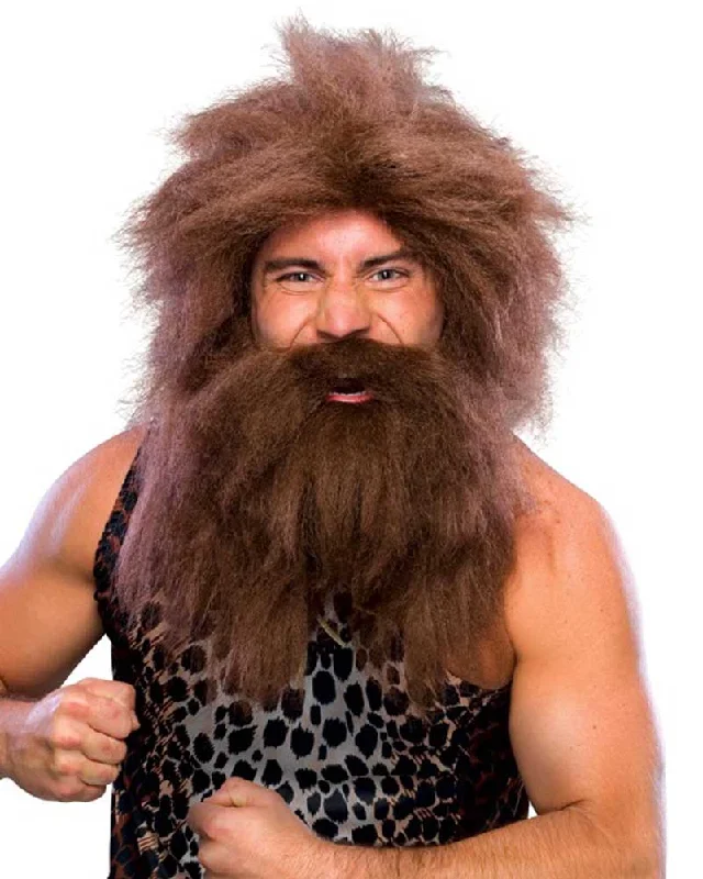 Synthetic wig for young flair-Caveman Beard and Brown Wig Set