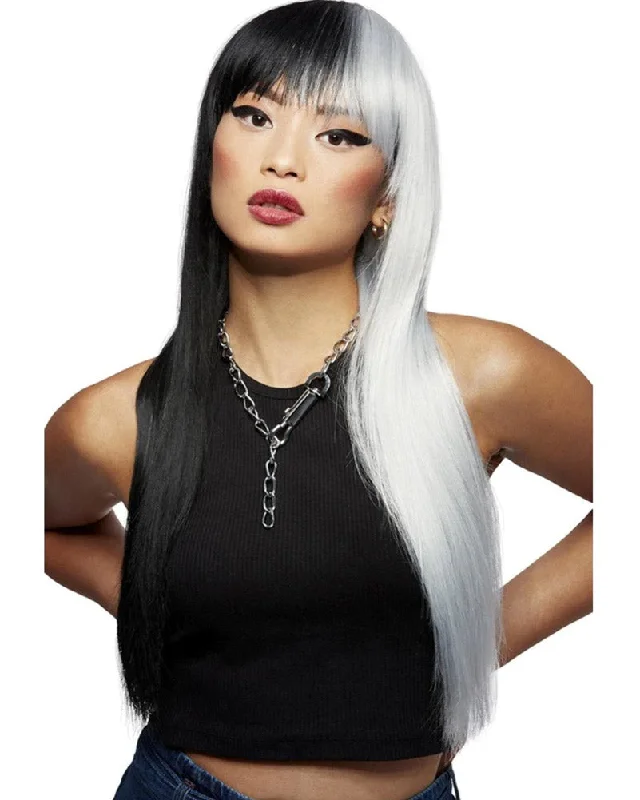 Medium wavy wig with lush texture-Downtown Long Black and White Wig