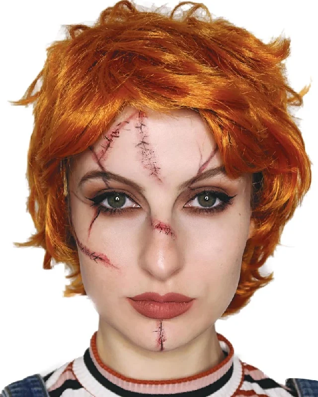 Wig for vivid texture-Evil Doll Orange and Red Wig with Scar Tattoos Set