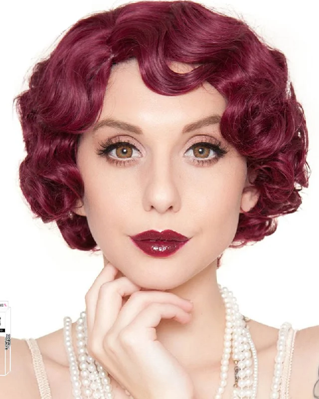 Medium length wig with bold waves-20s Flapper Finger Premium Burgundy Wig