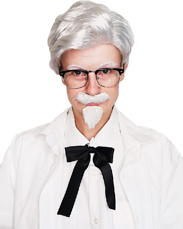 Long straight wig with plush waves-Fried Chicken Colonel Grey Wig Mo Goatee Glasses and Tie Set