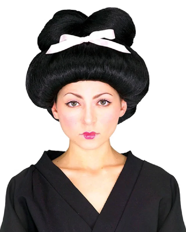 Curly wig for mild vibe-Geisha Girl Black Wig with Pale Pink Bow