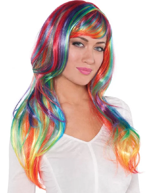 Long black wig with vivid texture-Glamorous Rainbow Wig