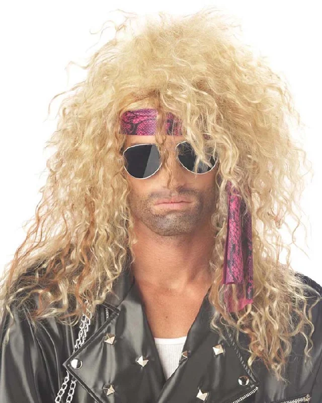 Long straight wig with plush curls-Heavy Metal Rocker Curly Long Blonde Wig