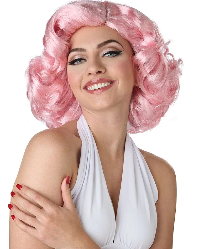 Long black wig with bold texture-50s Hollywood Glamour Short Curly Pink Wig