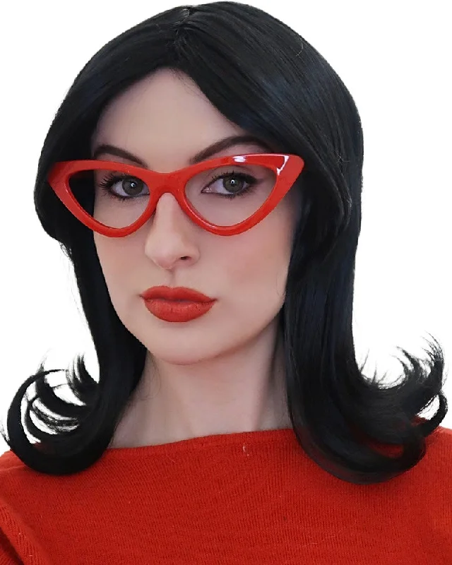 Medium wavy wig with dramatic flair-Linda Bobs Wife Short Black Flick Wig with Glasses Set