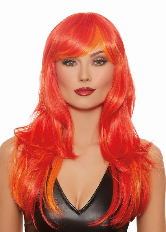 Blonde curly wig with lush texture-Long Straight Red and Orange Wig With Bangs