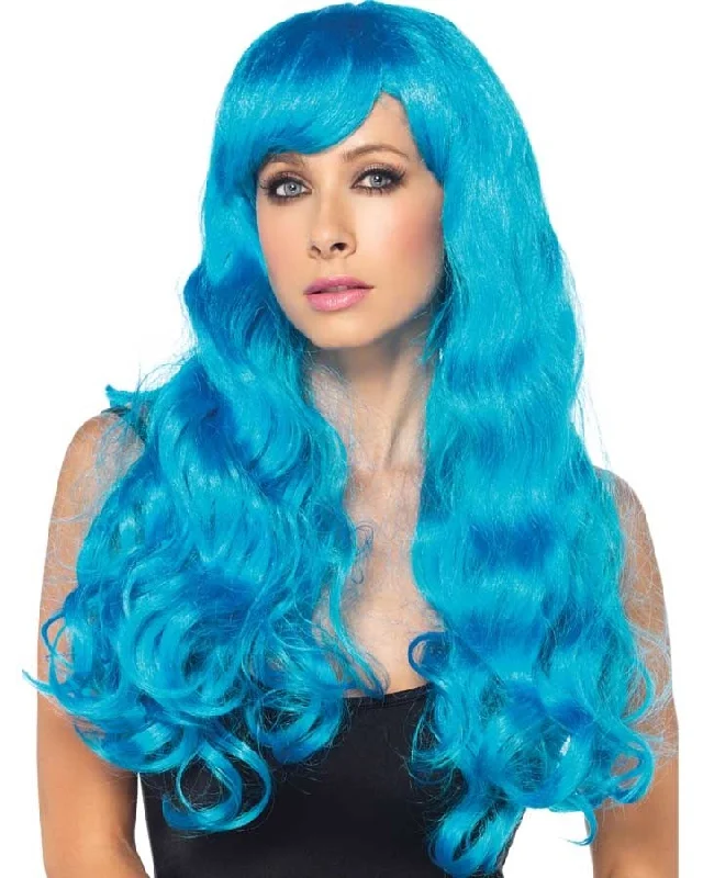 Curly wig for warm vibe-Long Wavy Neon Blue Wig