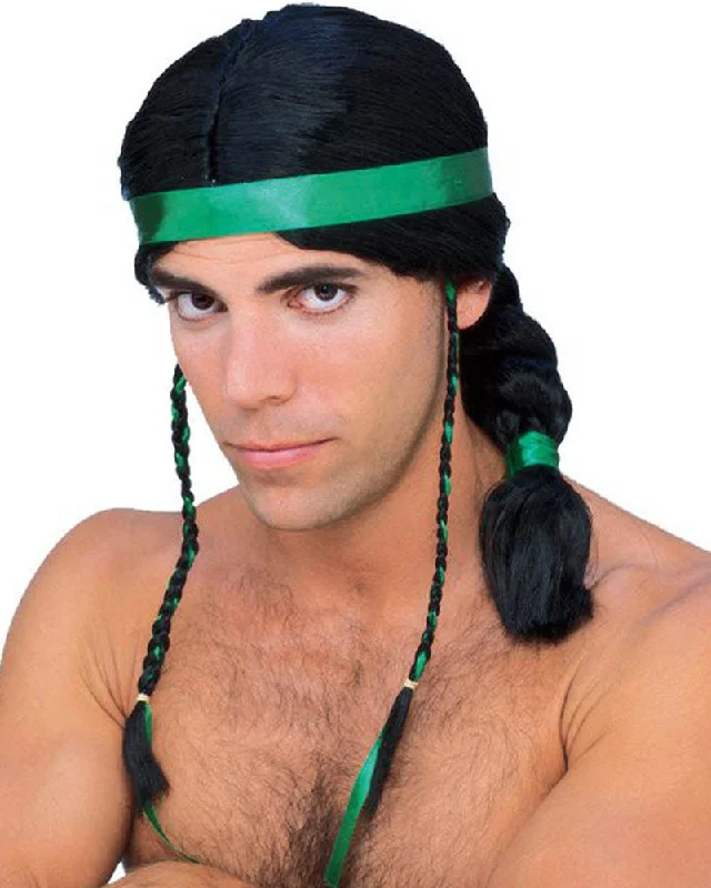 Medium length wig with plush curls-Tribal Male Black Wig