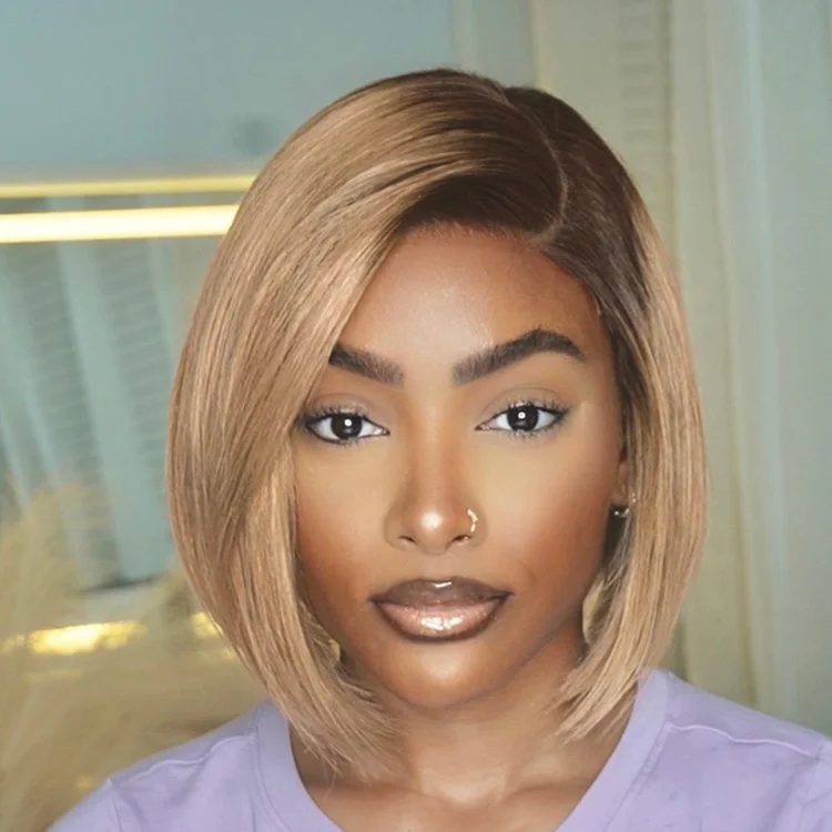 Wig for neat vibe-Ash Blonde Ombre / Natural Black Blunt Cut Bob Glueless Minimalist HD Lace Short Bob Wig Ready to Go