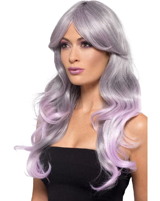 Wig for playful vibe-Ombre Grey and Pastel Pink Long Wavy Wig