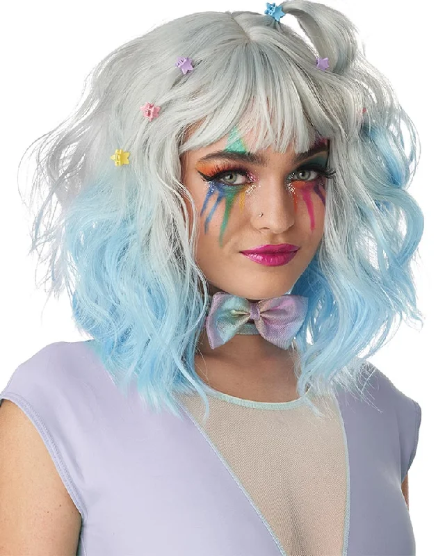 Long straight wig with bold curls-Pastel Textured Silver and Blue Short Wig