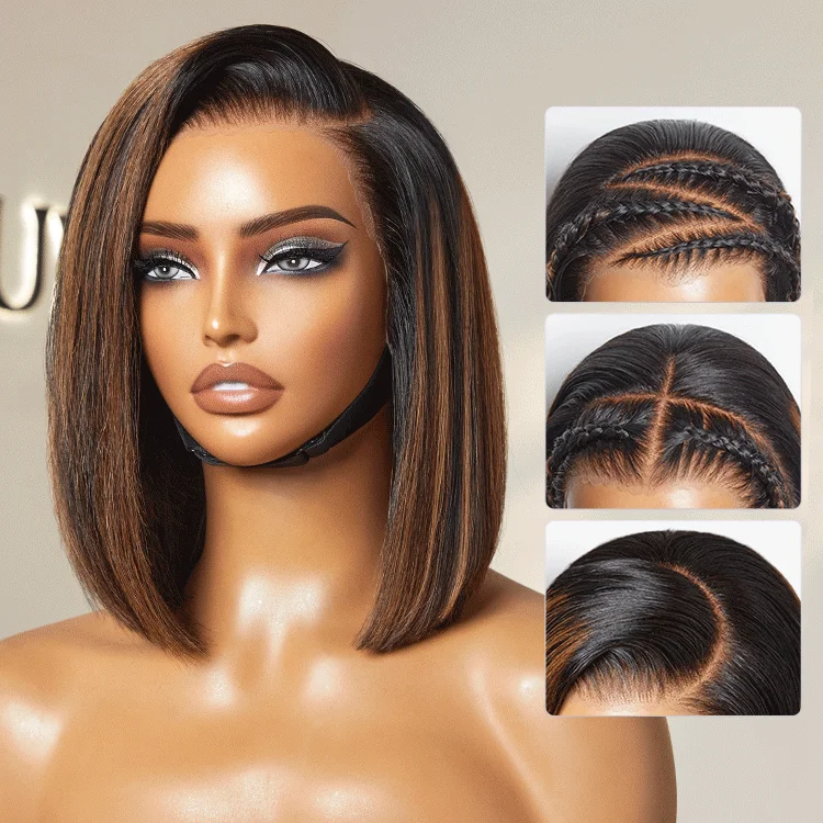 Wig for radiant flair-PreMax Wigs | Natural Looking Brown Highlight Silky Blunt Cut Bob Glueless 13x4 Frontal Pre-Cut Lace Wig