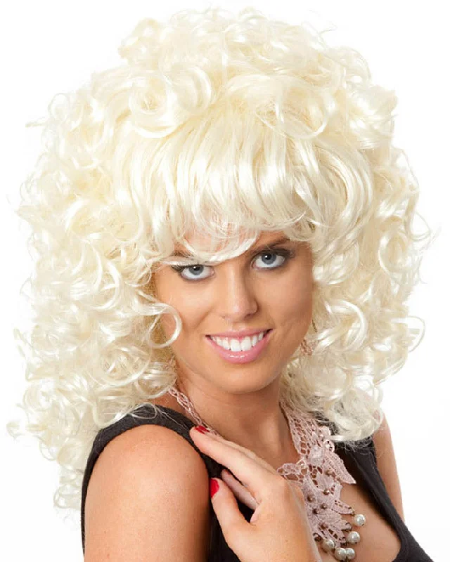 Short black wig with dramatic flair-Premium Dolly Curly Blonde Wig