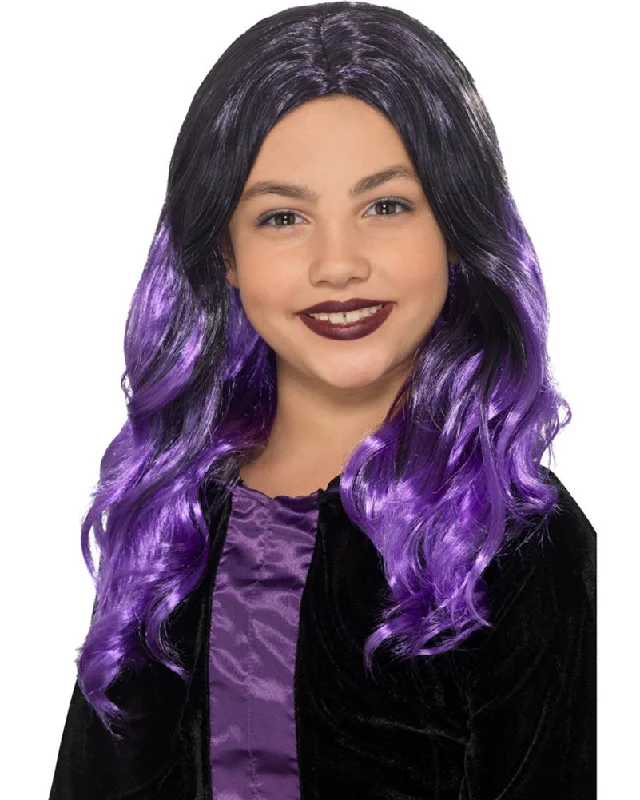 Medium length wig with plush waves-Purple Witch Girls Wig