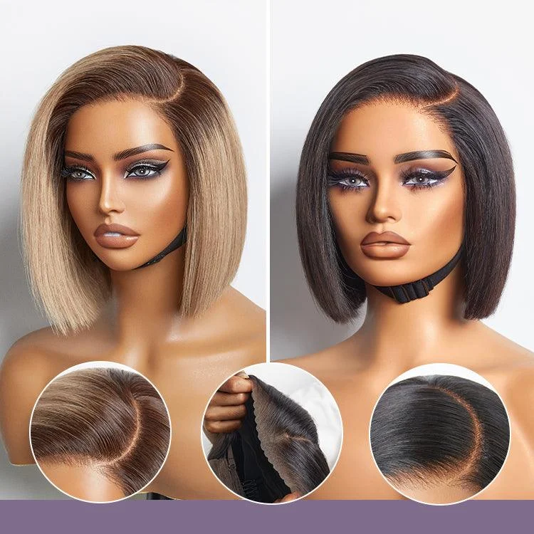 Synthetic wig for mild vibe-Put On & Go Blunt Cut Straight Bob / Layered Bob Minimalist HD Lace Glueless C Part Wig