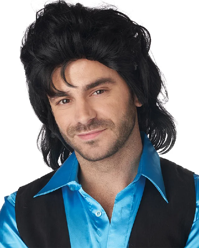 Long straight wig with plush waves-The Full House Black Mullet Wig