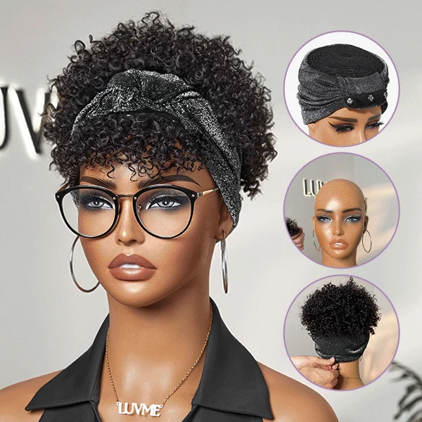 Wig for radiant flair-Throw On & Go Glueless Afro Headband Short Curly Wig with Detachable Bangs