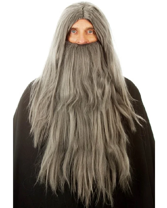 Synthetic wig for mild vibe-Wizard Long Grey Wig and Beard