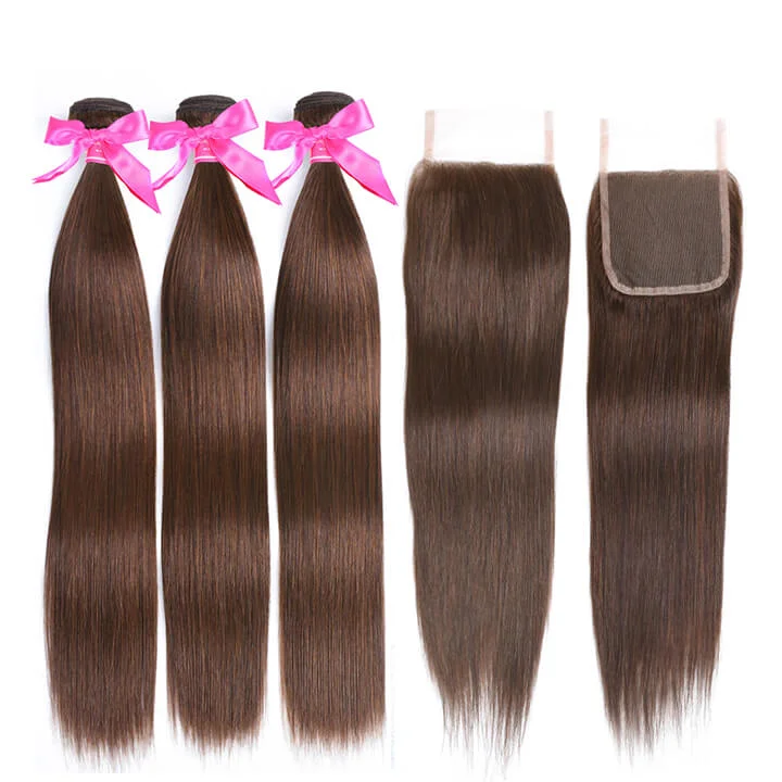 real person hair ring classic memory-#4 Straight Hair 3 Bundles With Closure 100% Human Hair Bundles Light Brown Brazilian Hair Extensions