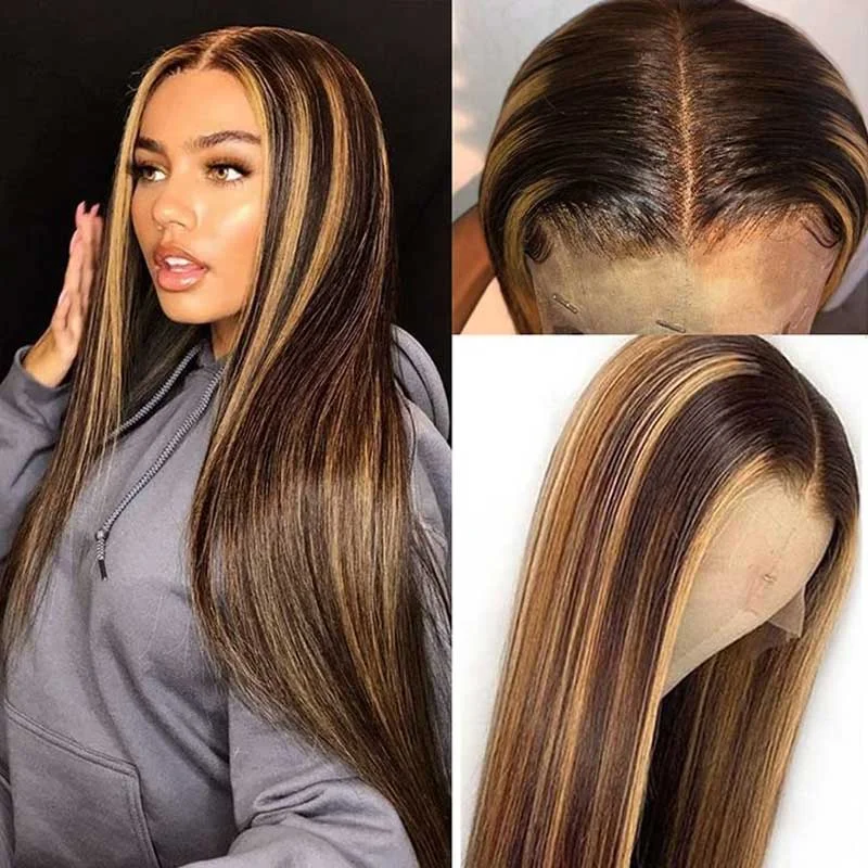 real person hair ring tribute ring-5*5 HD Lace Wig Highlight Closure Wig Brazilian Straight Virgin Human Hair Wigs Honey Blonde Highlights-Amanda Hair