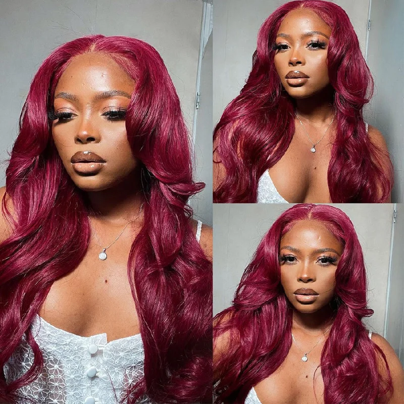 real person hair ring pink tourmaline-99J Straight Lace Closure Human Hair Wigs Burgundy Red Colored HD Transparent 4x4 Lace Front Wig With Baby Hair-Amanda Hair