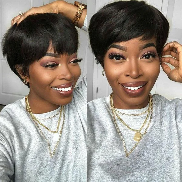 real person hair ring libra style-Short Pixie Cut Peruvian Straight Machine Made 100% Human Virgin Hair None Lace Wig for Women - Amanda Hair