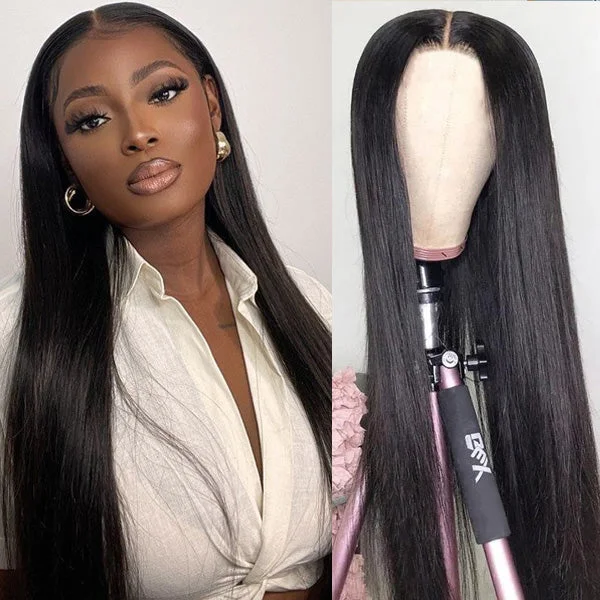 real person hair ring hypoallergenic-150% Density Straight Human Hair Lace Part Wigs Natural Hairline Middle Part Frontal Wig - Amanda Hair