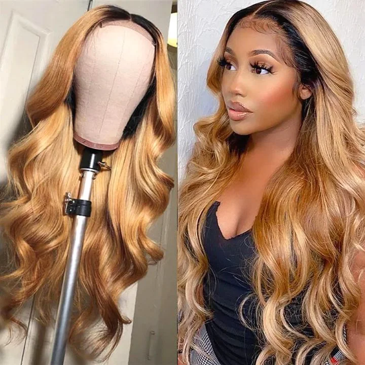 real person hair ring sporty craft-1B/27 Ombre Color Guleless Body Wave T Lace Part Wig Remy Human Hair Middle Part Frontal Wigs - Amanda Hair