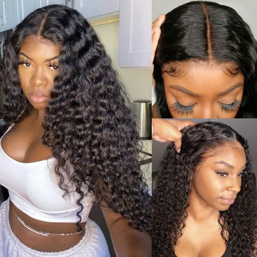 real person hair ring tropical craft-Deep Wave 180% Density Middle Part Lace Front Human Hair Wigs T-Part Pre Plucked Lace Frontal With Baby Hair Wig - Amanda Hair