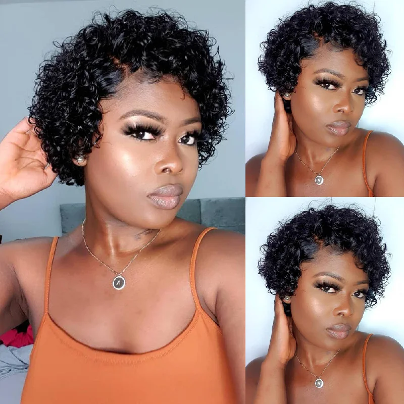 real person hair ring freshwater pearl-Kinky Curly Human Hair Pixie Cut Wig 4*4 Lace Closure/ T Type Lace Front Wigs Short Curly Bob-Amanda Hair