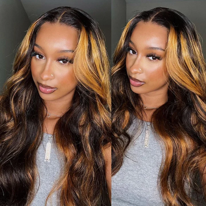 real person hair ring wood accent-Amanda Balayage Pre Plucked 1B/30 Highlight Blond Color Body Wave Human Hair 13x4 Lace Front Wigs 180% Desnsity