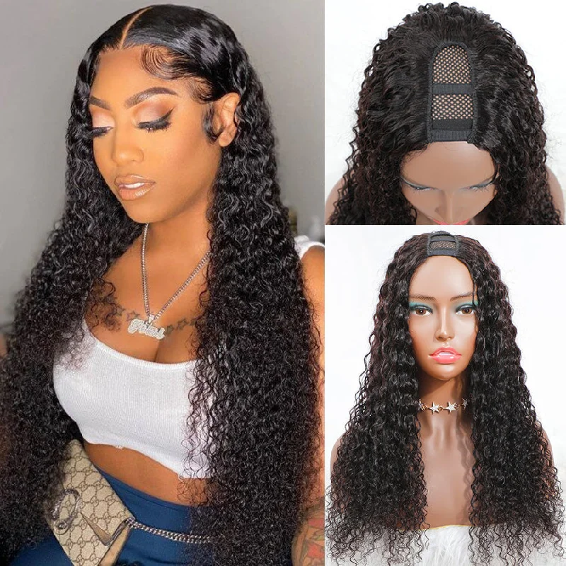 real person hair ring compostable-U Part Wig Brazilian Hair Jerry Curly Wave 150% Density Remy Human Wigs - Amanda Hair