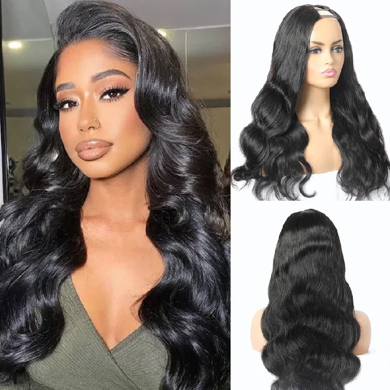 real person hair ring steampunk vibe-Amanda U Part Wig Brazilian Hair Body Wave 150 Density Remy Human Wigs Short Wigs