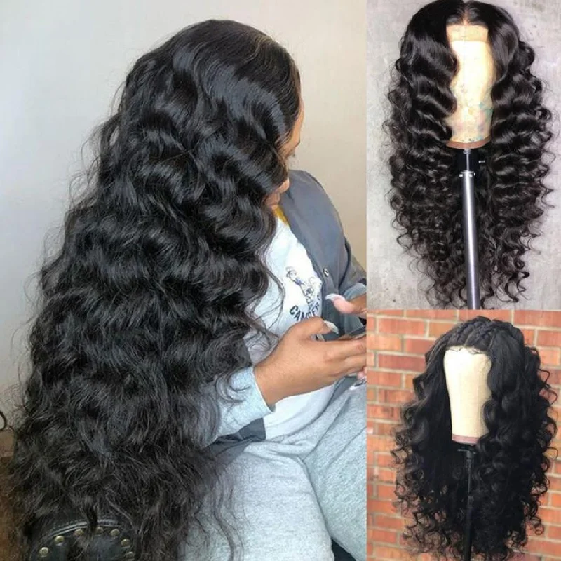 real person hair ring 3D-printed-Thick Loose Deep Wave 4x4 Lace Closure Wigs Preplucked Human Hair Skin Melt Lace Wigs with Baby Hair for Women