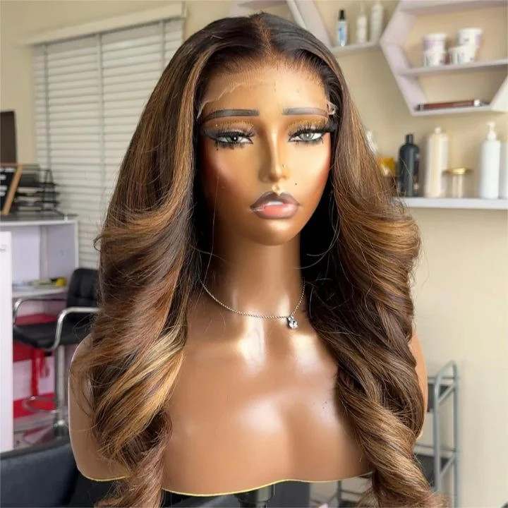 real person hair ring cyberpunk look-Black Friday Flash Sale Up To 90% OFF | Highlight  Blonde Mix Brown Glueless Body Wave Human Hair Clear Transparent Lace Front Colored Wigs For Women-Amanda Hair