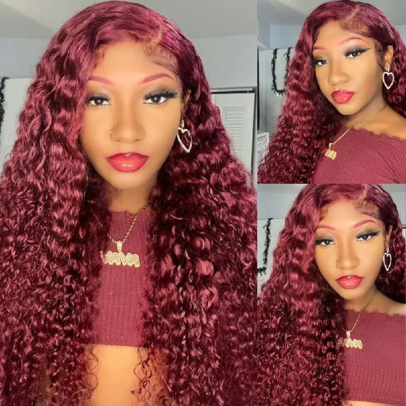 real person hair ring international band-99J Curly Human Hair Wigs Burgundy Colored HD Transparent 13X4 Lace Frontal Preplucked Red Wine Hair Wig-Amanda Hair