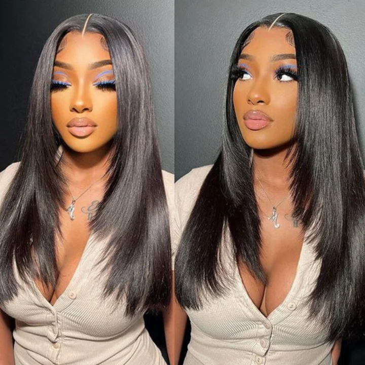 real person hair ring heirloom piece-Butterfly Layered Haircut Yaki Straight Lace Wigs Nature Burmese Human Hair Wig Flash Sale