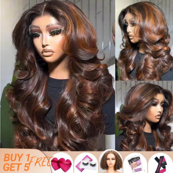 real person hair ring christmas band-Flash Sale: $0 get The Bob Wig Highlight Brown 13x4 Lace Loose Wave Wigs with Curtain Bangs Human Hair Undetectable Clear Transparent Lace Wigs