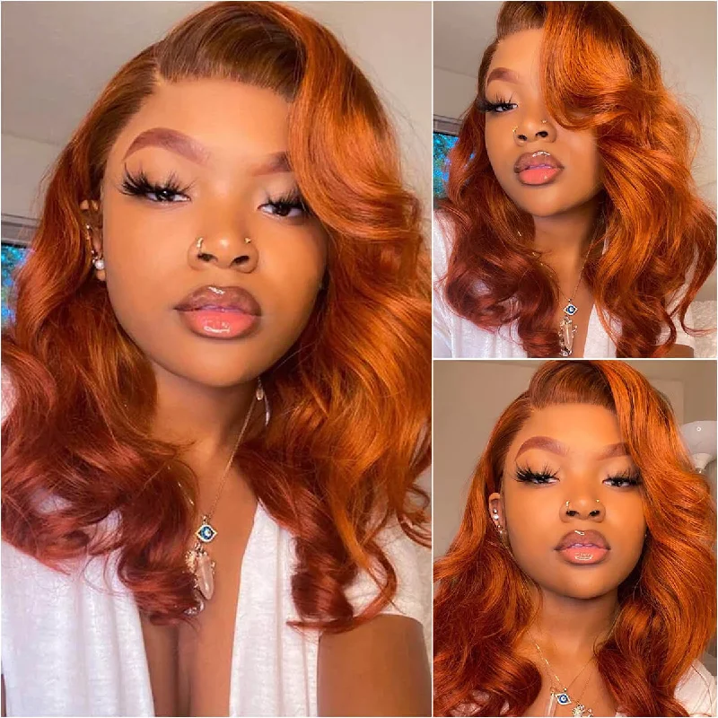 real person hair ring vine accent-Ginger Color Glueless Wig Mid Length Body Wave Glueless Lace Wig Human Hair 13*4 Lace Front Colored Wigs -Amanda Hair