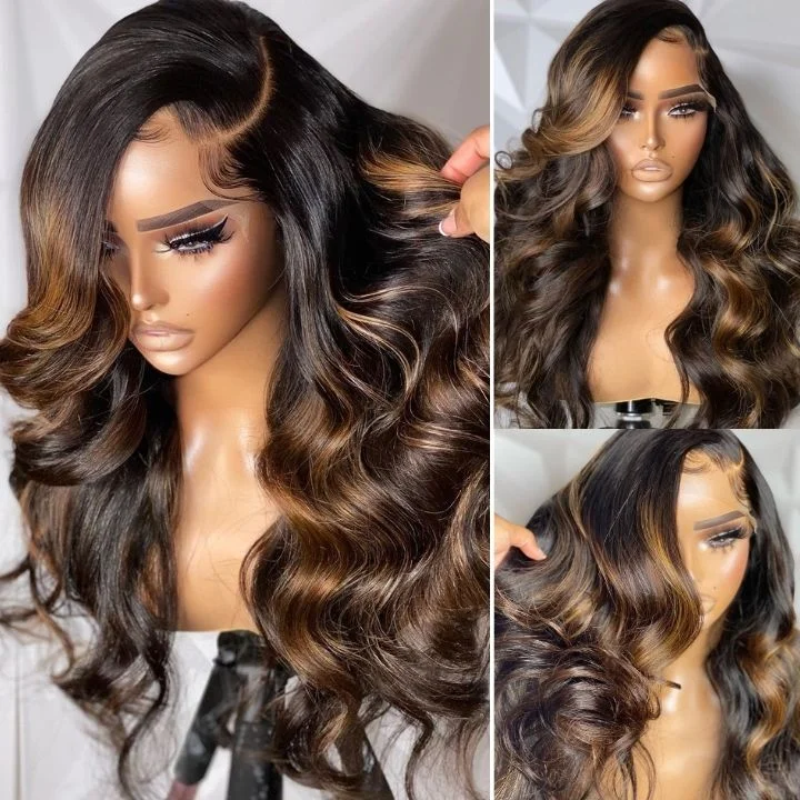 real person hair ring fish scale-Glueless Balayage Light Brown Transparent Lace Closure Body Wave Wigs Human Hair 6x4 Lace Part Highlight Colored Wig-Amanda Hair