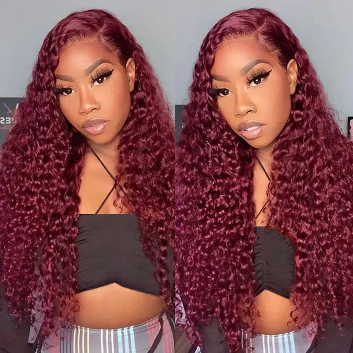 real person hair ring botanical band-Glueless Burgundy Lace Front Wig 99J Curly Human Hair Wigs Colored HD Transparent 13X4 Lace Frontal Wig Preplucked Red Hair Wig-Amanda Hair