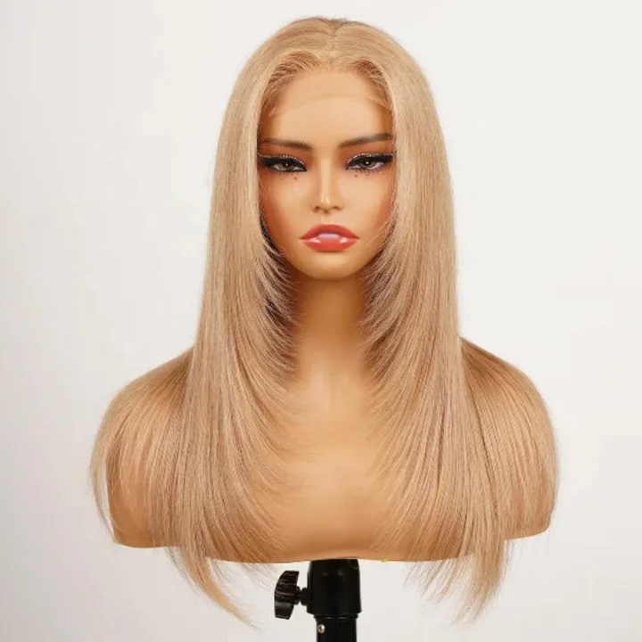 real person hair ring clean craft-Glueless Butterfly Layered Haircut Lace Closure Straight Blonde Coloded Wigs Silky Burmese Human Hair Wigs Throw On & Go Workout Wigs