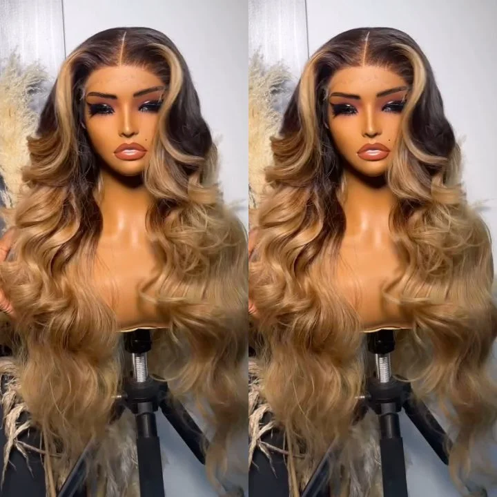 real person hair ring aries band-Glueless Dark Root Ombre Honey Blonde Lace Front 3D Body Wave Wig 100% Human Hair - Clear Transparent Lace Front/Closure Human Hair Colored Wig- Amanda Hair